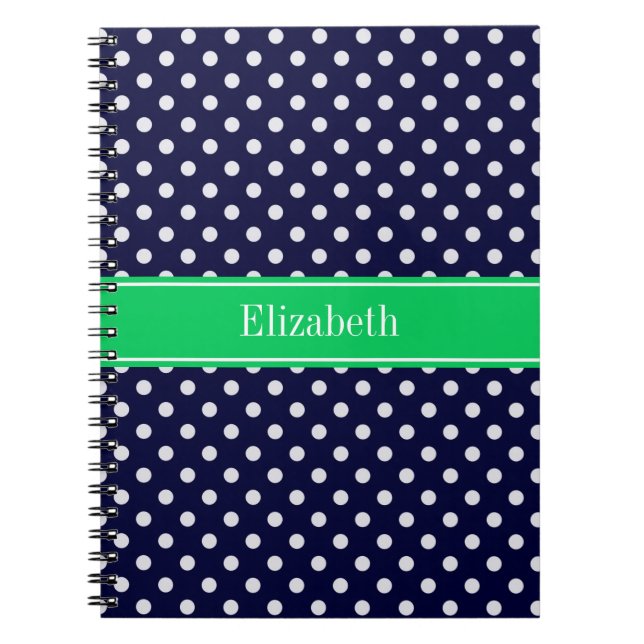 Navy Blue Wt Polka Dot Emerald Green Name Monogram Notebook (Front)