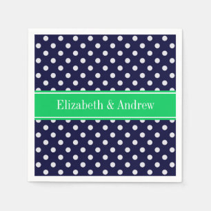 Navy Blue Wt Polka Dot Emerald Green Name Monogram Paper Napkins