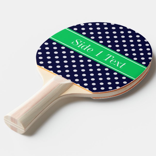 Navy Blue Wt Polka Dot Emerald Green Name Monogram Ping-Pong Paddle (Front Angle)