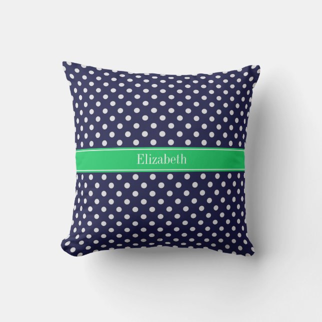 Navy Blue Wt Polka Dot Emerald Green Name Monogram Throw Pillow (Front)
