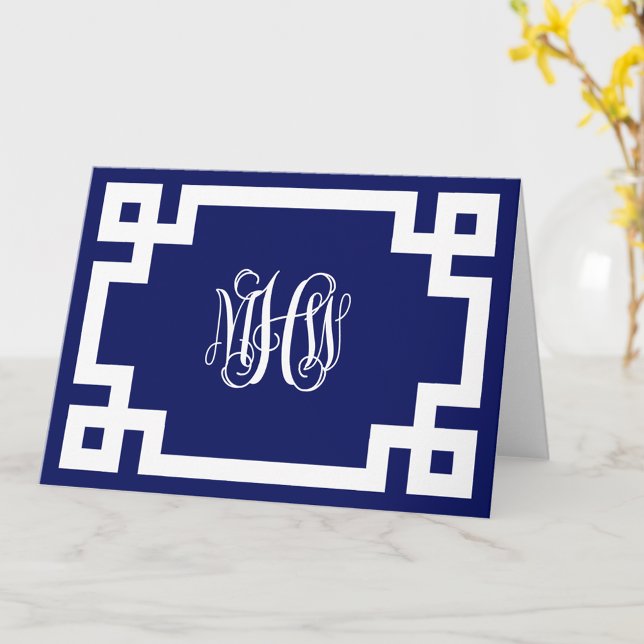 Navy Blue Wt Vine Script Monogram Greek Key DIY BG Card (Creator Uploaded)