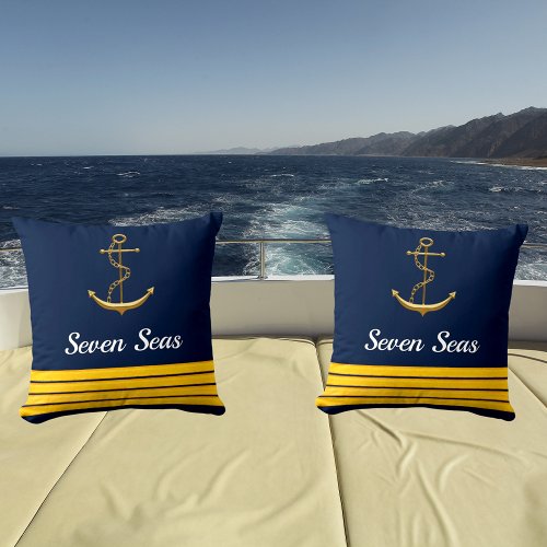 Navy blue yacht boat gold anchor captain stripes outdoor pillow