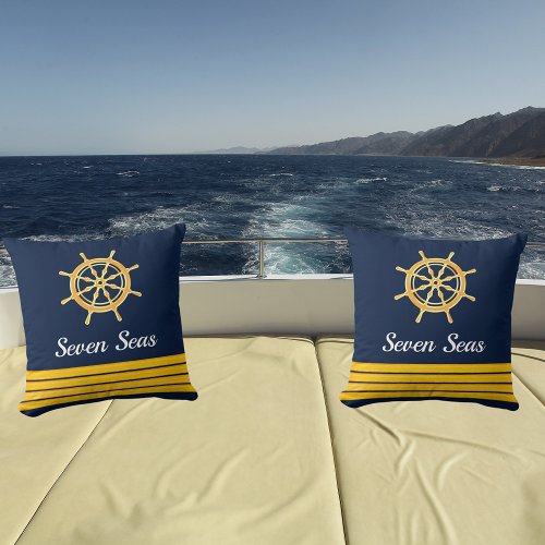 Navy blue yacht boat gold steering wheel stripes outdoor pillow