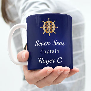 Navy blue yacht boat name gold steering wheel  coffee mug