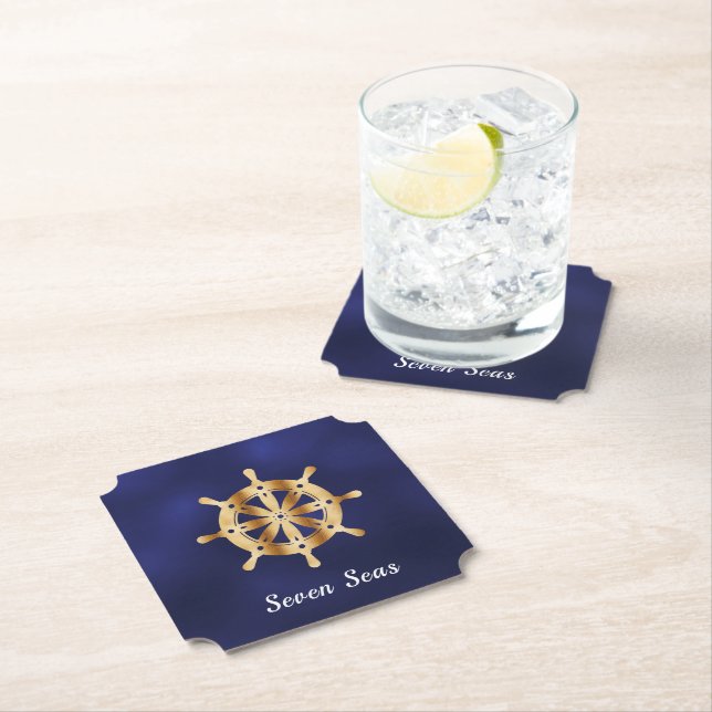 Navy blue yacht boat name gold steering wheel paper coaster (Insitu)