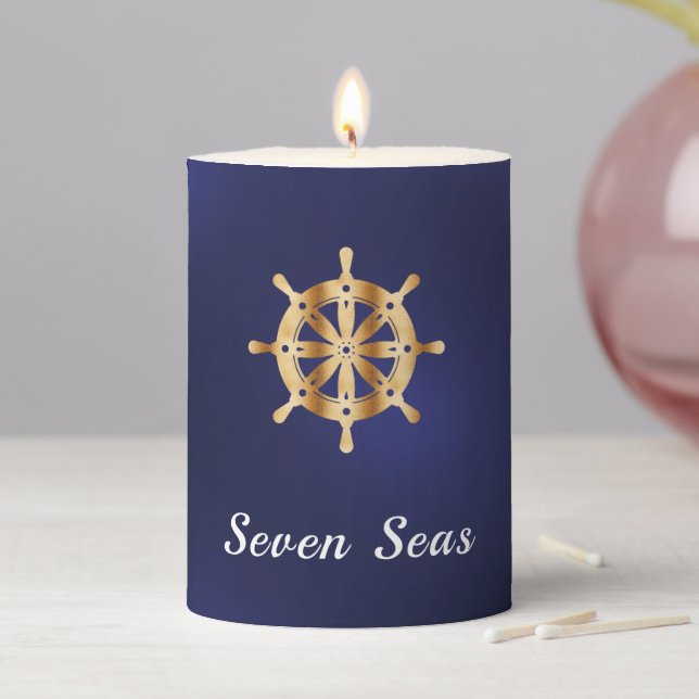 Navy blue yacht boat name gold steering wheel pillar candle (In Situ)