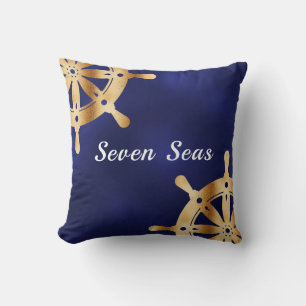 Navy blue yacht boat name gold steering wheel throw pillow