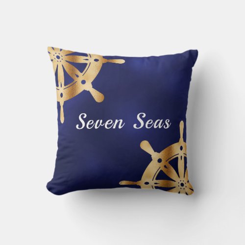 Navy blue yacht boat name gold steering wheel throw pillow