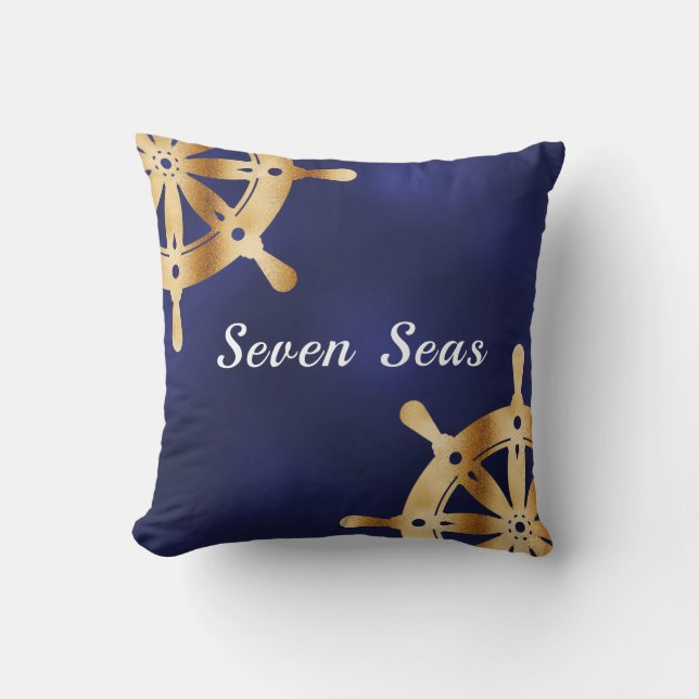 Navy blue yacht boat name gold steering wheel throw pillow (Front)