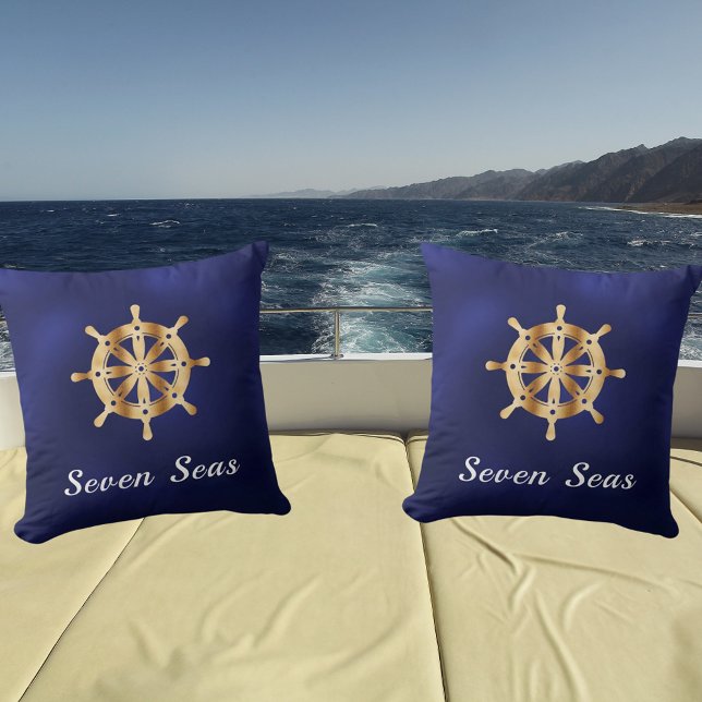 Navy blue yacht boat name gold steering wheel throw pillow (Creator Uploaded)