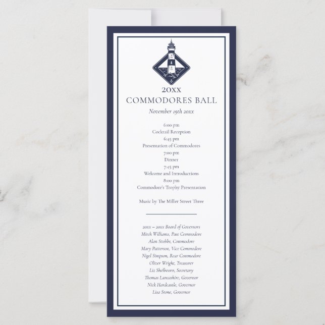 Navy Blue Yacht Club Nautical Menu Program  (Front)