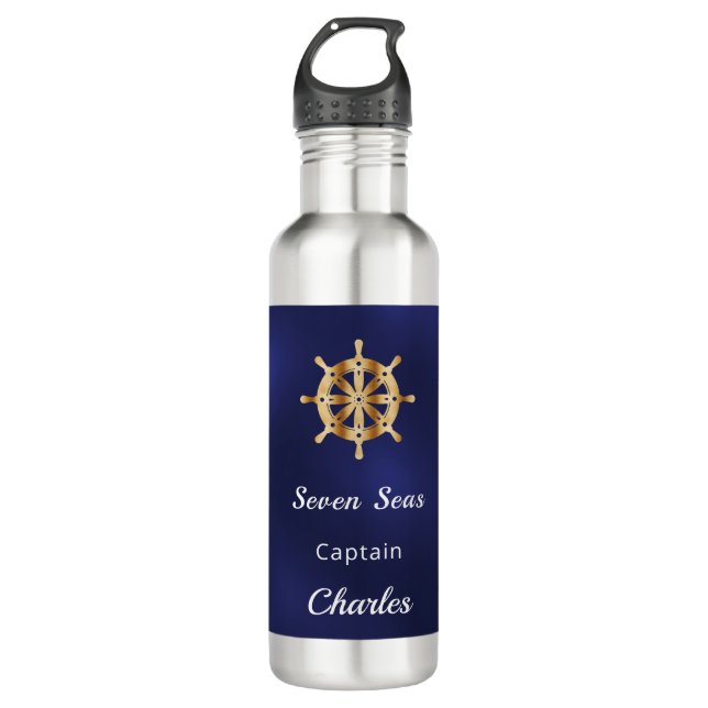 Navy blue yacht ship captain name  stainless steel water bottle (Front)