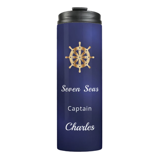 Navy blue yacht ship captain name thermal tumbler (Front)