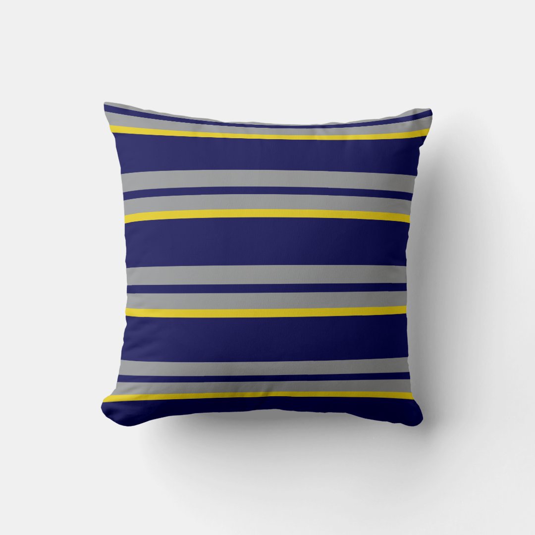 Navy Blue, Yellow And Gray Stripes Throw Pillow 