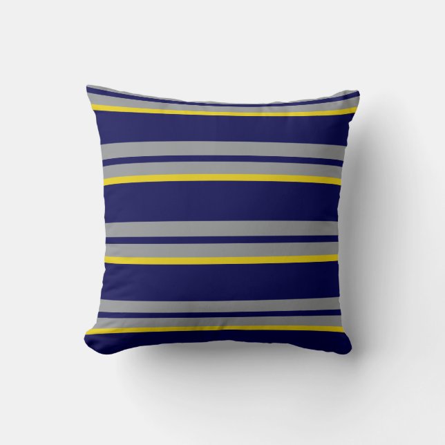Navy Blue, Yellow and Gray Stripes Throw Pillow (Front)