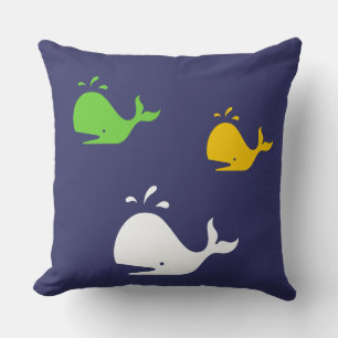 navy blue, yellow and green whales on white throw pillow