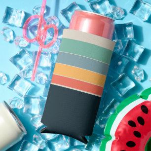 Navy blue yellow and pink 80s vintage stripes seltzer can cooler