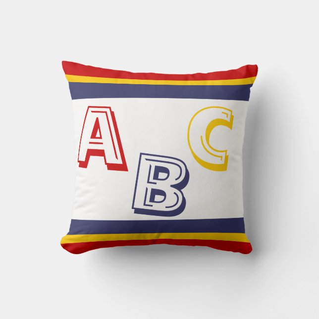 navy blue, yellow, and red ABC on white Throw Pillow (Front)