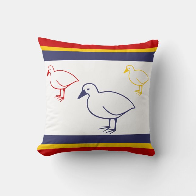 navy blue, yellow, and red Ducks on white Throw Pillow (Front)