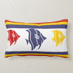 navy blue, yellow, and red fish on white lumbar pillow