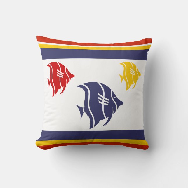 navy blue, yellow, and red fish on white throw pillow (Front)