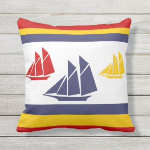 navy blue, yellow, and red sailboat white PILLOW