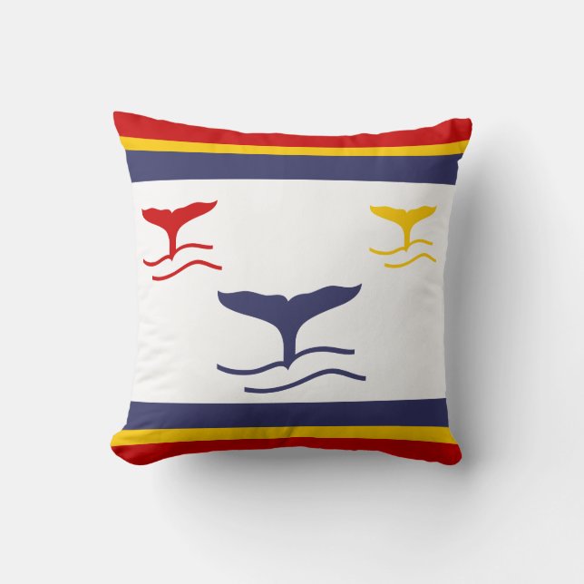 navy blue, yellow, and red whale tails on white throw pillow (Front)
