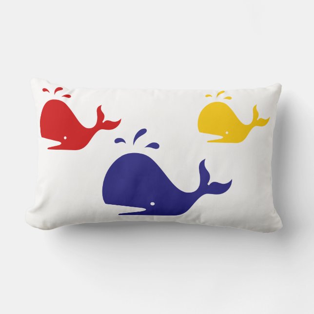 navy blue, yellow, and red whales on white lumbar pillow (Front)