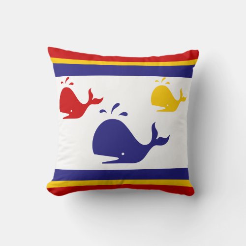 navy blue yellow and red whales on white throw pillow