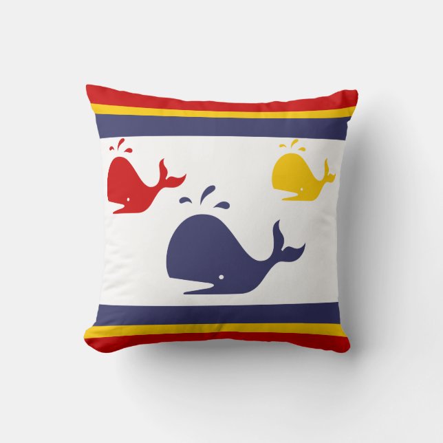 navy blue, yellow, and red whales on white throw pillow (Front)