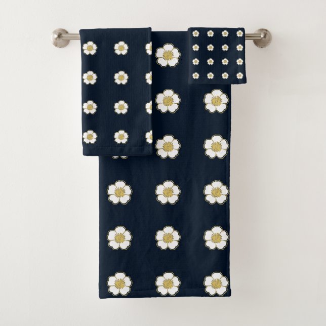 navy blue yellow and white Buttercup Flowers Bath Towel Set (Insitu)