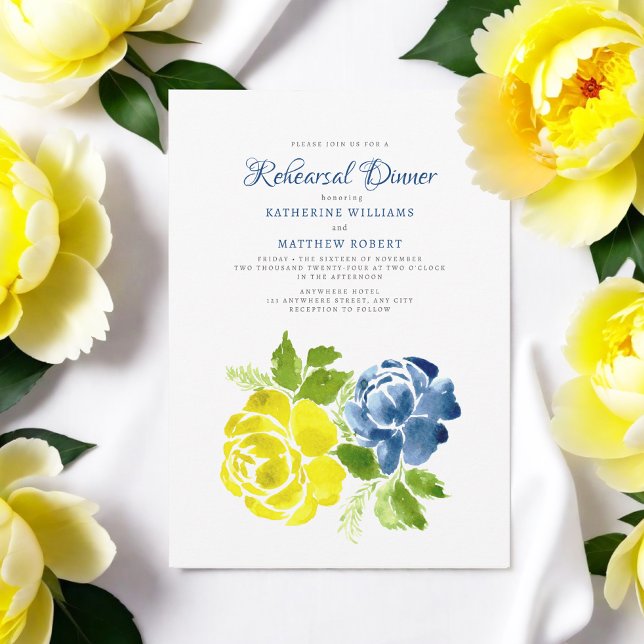 Navy Blue Yellow Boho Floral Summer  Invitation (Creator Uploaded)