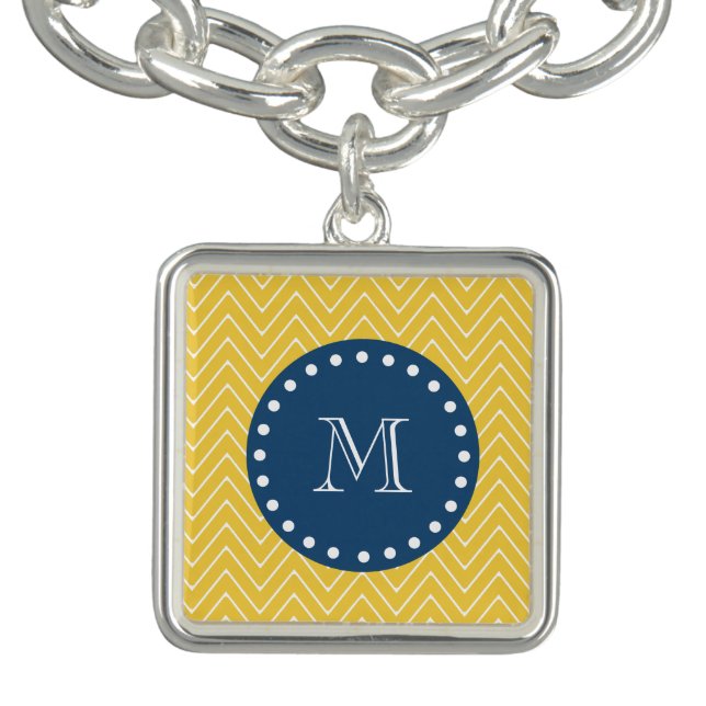Navy Blue, Yellow Chevron Pattern | Your Monogram Charm Bracelet (Design)