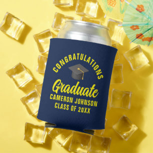 Navy Blue Yellow Custom Graduation Party Can Cooler
