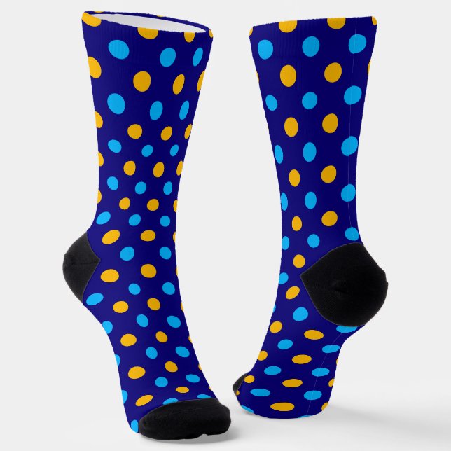 Navy Blue Yellow Cyan Polka Dots Design  Socks (Angled)