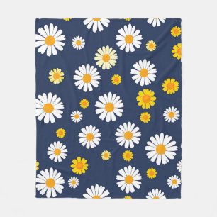 Navy Blue Yellow Daisy Floral Simple Retro Pattern Fleece Blanket