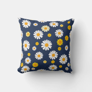 Navy Blue Yellow Daisy Floral Simple Retro Pattern Throw Pillow