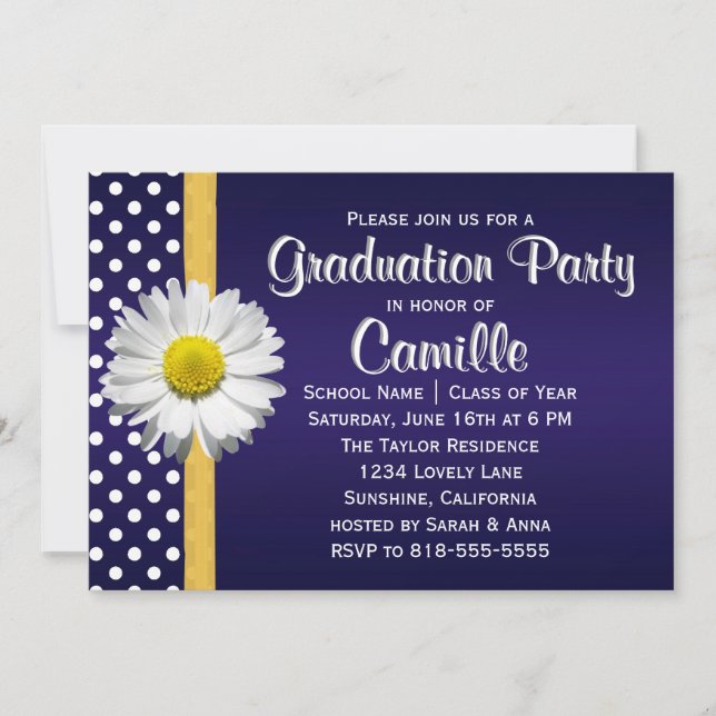 Navy Blue Yellow Daisy Graduation Party Invitation (Front)