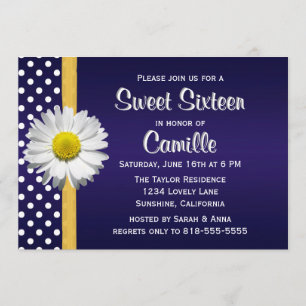 Navy Blue Yellow Daisy Sweet Sixteen Invitation