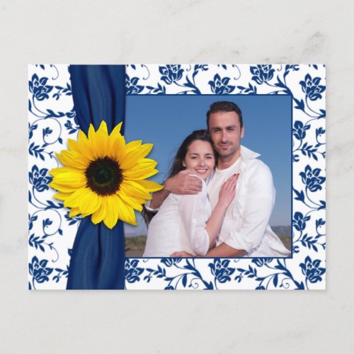 Navy Blue Yellow Damask Sunflower Save the Date Announcement Postcard