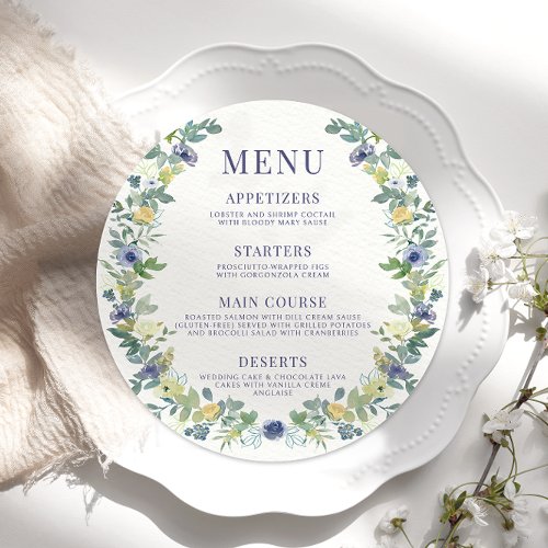 Navy blue yellow floral boho round Menu Card Plate