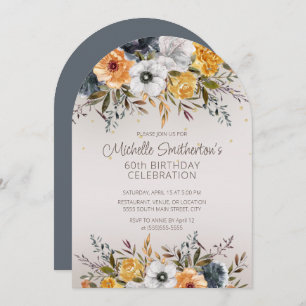 Navy Blue Yellow Floral Glitter 60th Birthday Invitation