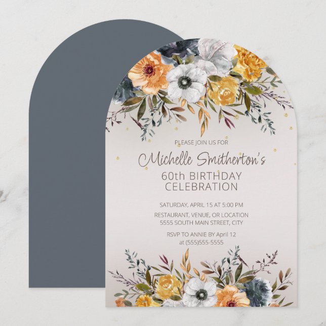 Navy Blue Yellow Floral Glitter 60th Birthday Invitation (Front/Back)
