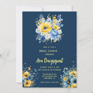 Navy Blue Yellow Floral Gold Bridal Shower Invitation