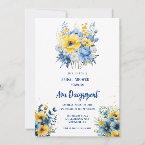 Navy Blue Yellow Floral Gold Bridal Shower Invitation