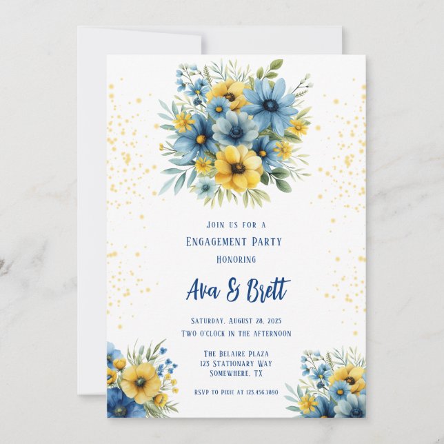 Navy Blue Yellow Floral Gold Engagement Party Invitation (Front)