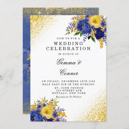 Navy Blue Yellow Floral Gold Glitter Wedding Invitation