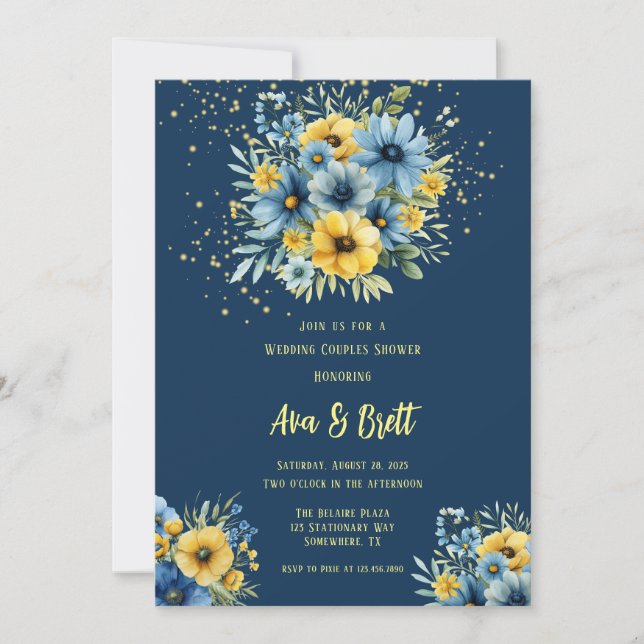 Navy Blue Yellow Floral Gold Wedding Couple Shower Invitation (Front)