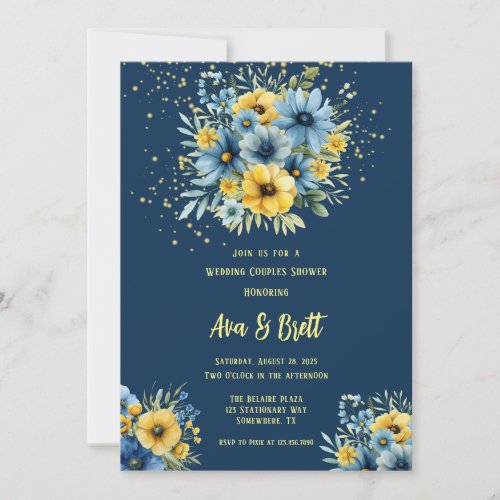 Navy Blue Yellow Floral Gold Wedding Couple Shower Invitation