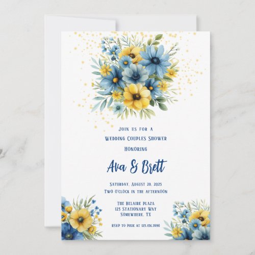 Navy Blue Yellow Floral Gold Wedding Couple Shower Invitation